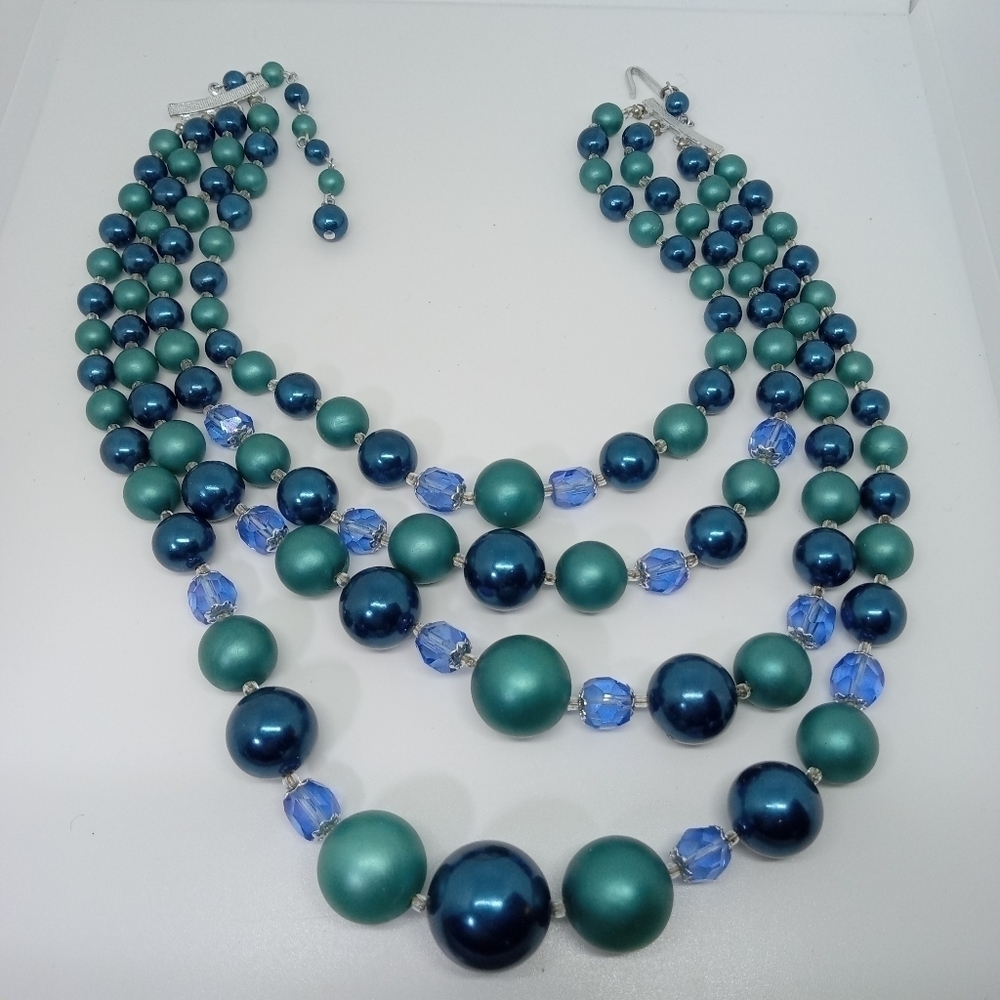 * vintage Japan 4 strand blue green plastic & glass bead necklace 16"